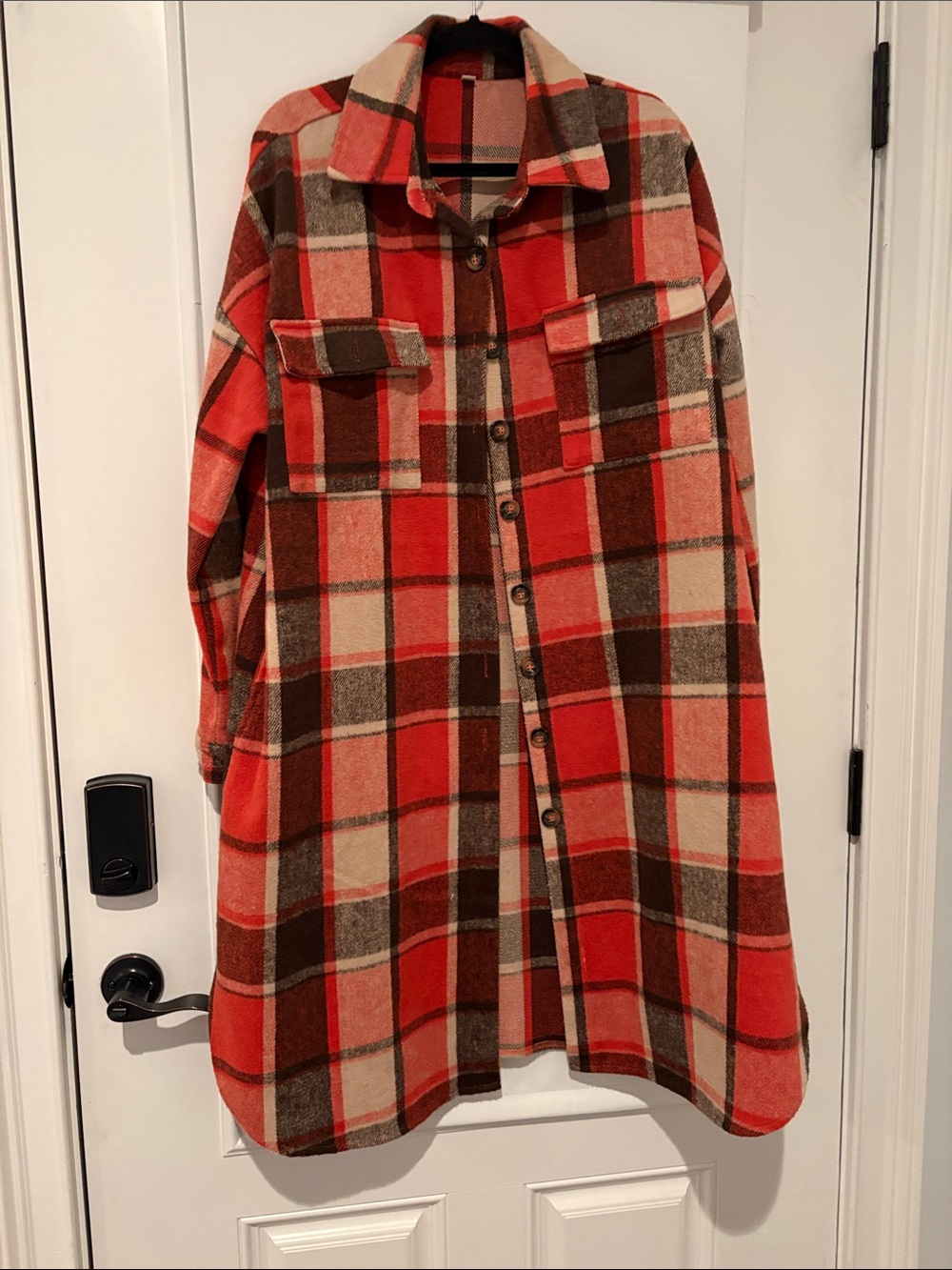 Plaid Button-Front Shacket in Red & Brown